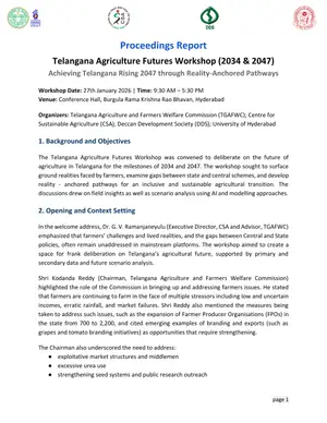 Cover of Proceedings Report Telangana Agriculture Futures Workshop (2034 & 2047) Achieving Telangana Rising 2047 through Reality-Anchored Pathways