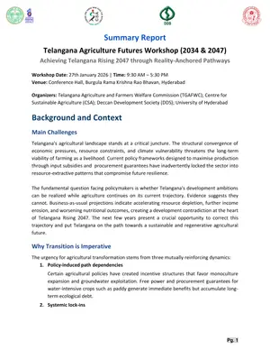 Cover of Summary Report Telangana Agriculture Futures Workshop (2034 & 2047) Achieving Telangana Rising 2047 through Reality-Anchored Pathways
